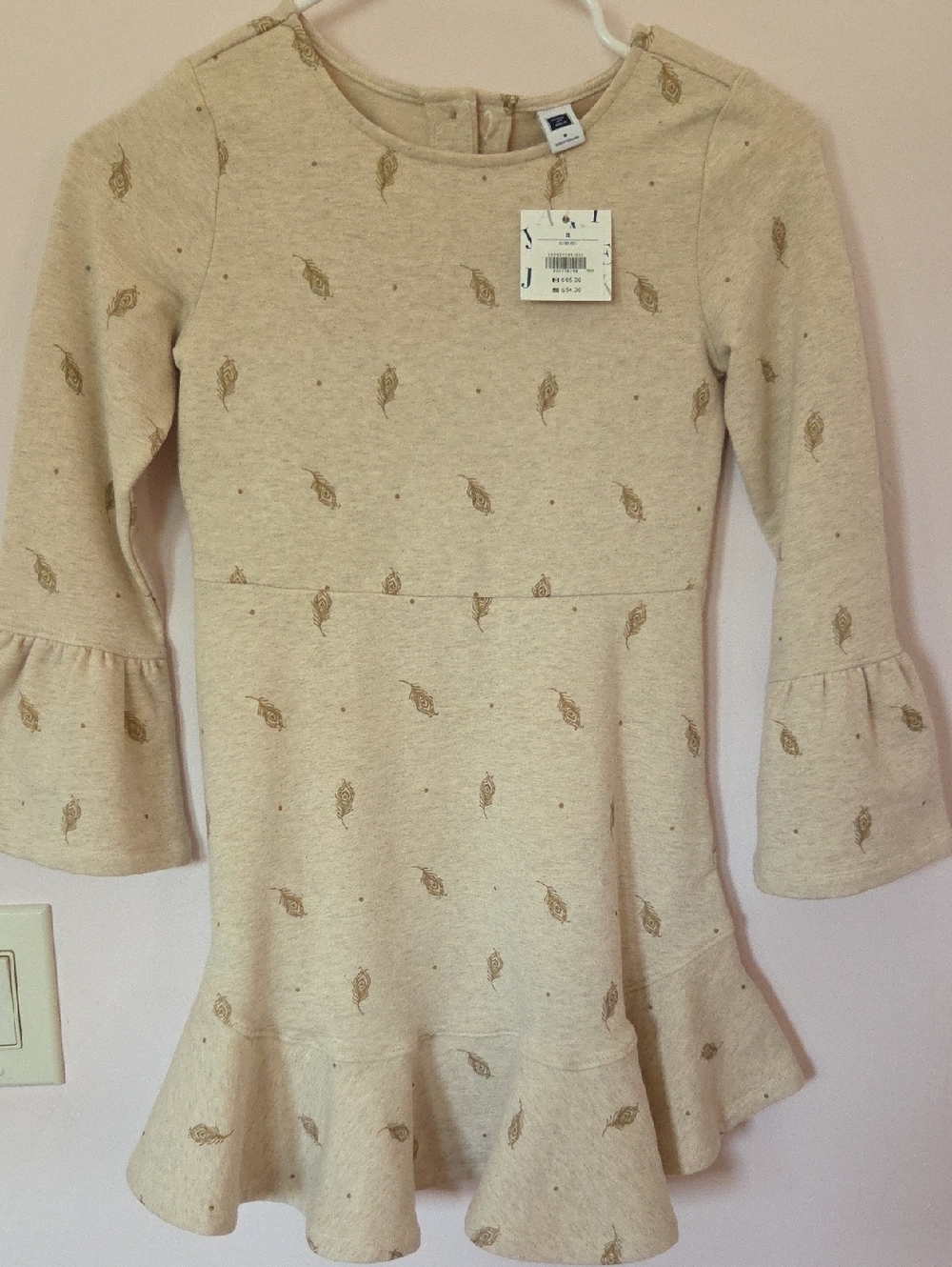 Janie and Jack Cream Dress with Gold Feather Print